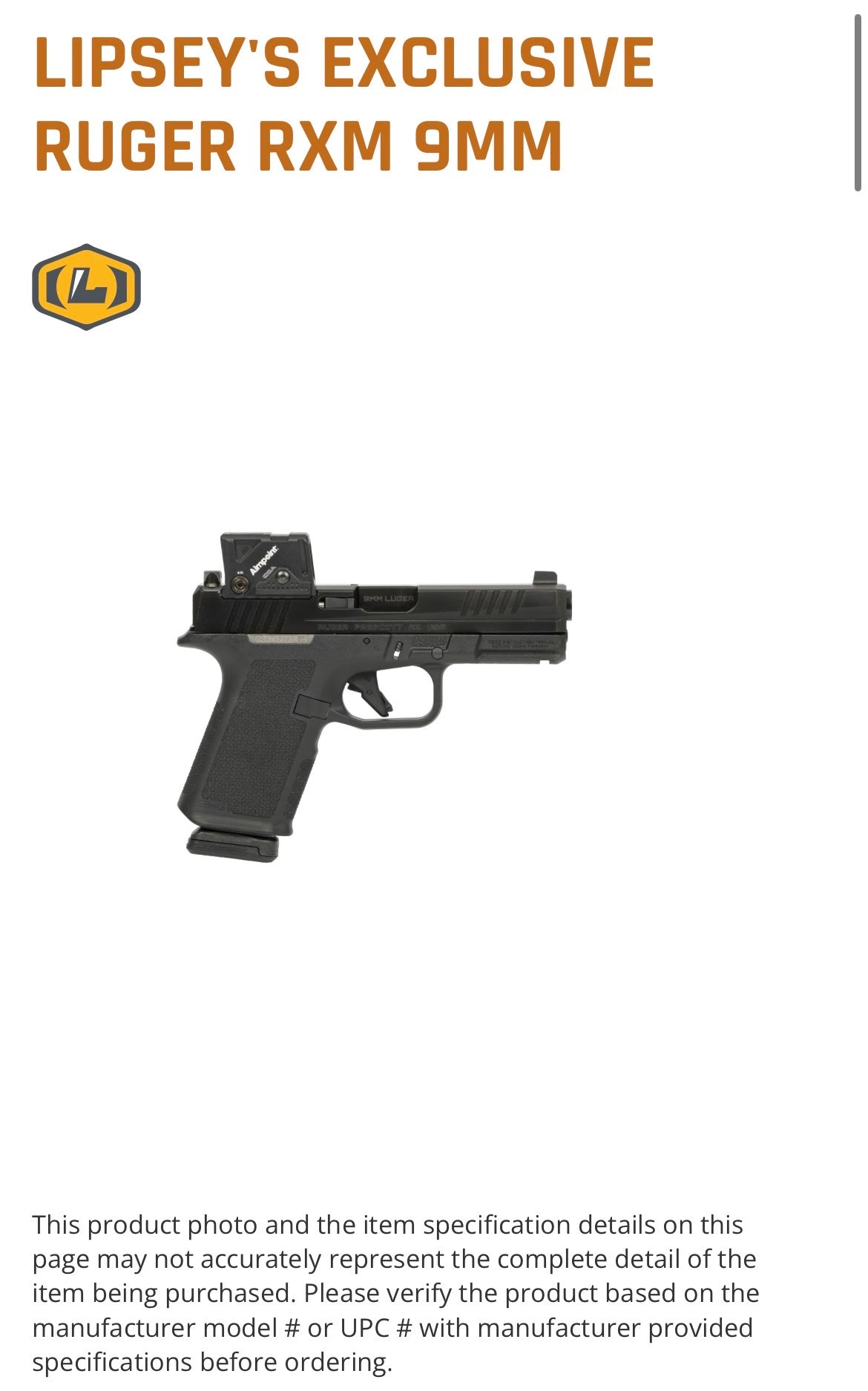 Ruger RXM 9MM BLK/BLK 15+1 4" COA
19462 AIMPOINT COA RED DOT
9mm