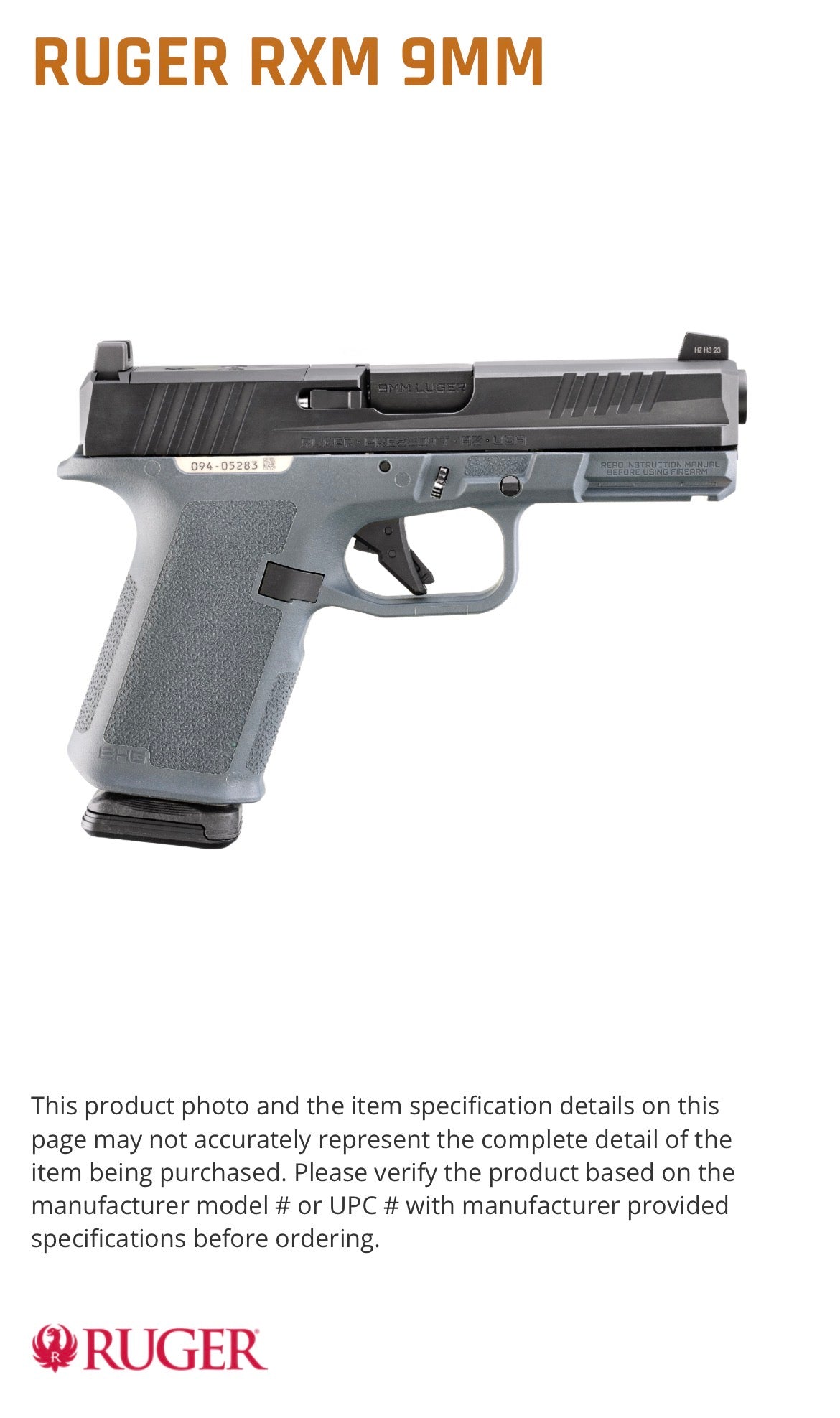 Ruger RXM 9MM BLK/GRAY 15+1 4" AS
19400
9mm