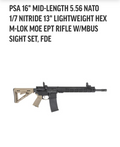 PSA 16" MID-LENGTH 5.56 NATO 1/7 NITRIDE 13" LIGHTWEIGHT HEX M-LOK MOE EPT RIFLE W/MBUS SIGHT SET, FDE